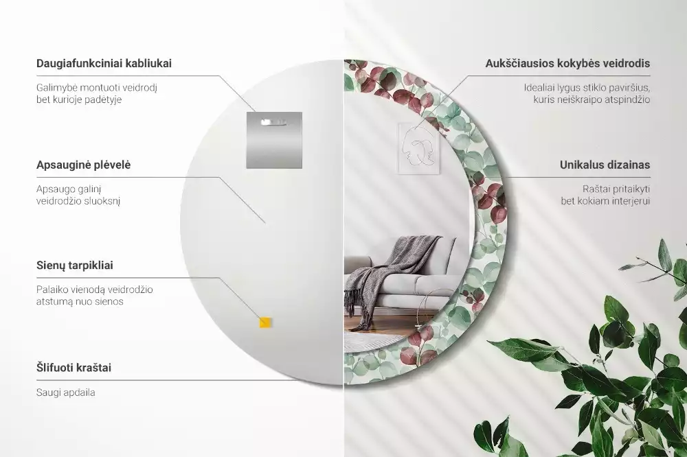 Ronde spiegel met bedrukte lijst Eucalyptus