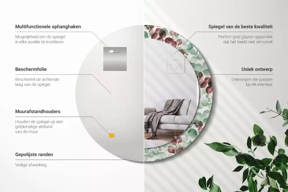 Ronde spiegel met bedrukte lijst Eucalyptus