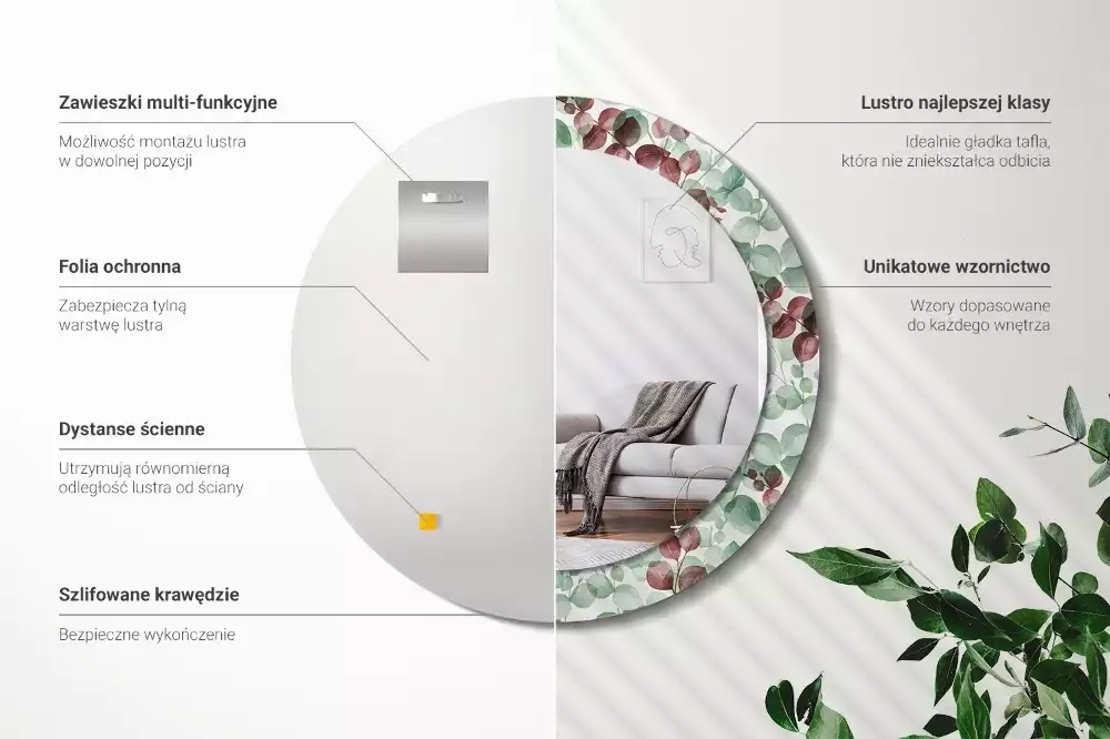 Ronde spiegel met bedrukte lijst Eucalyptus