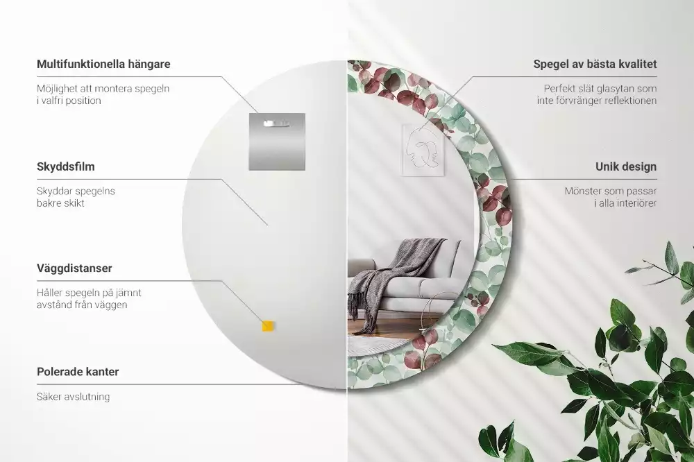 Ronde spiegel met bedrukte lijst Eucalyptus