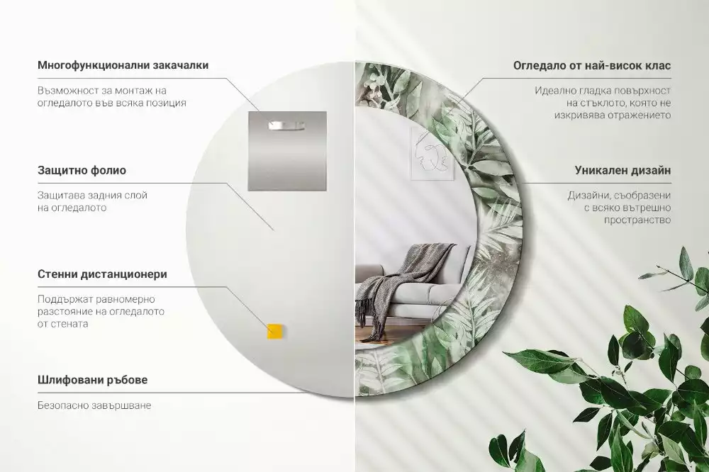 Ronde spiegel met bedrukte lijst Aquarelbladeren