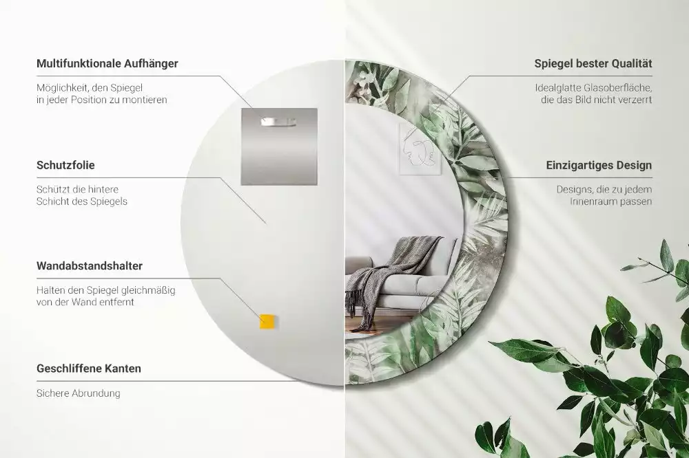 Ronde spiegel met bedrukte lijst Aquarelbladeren