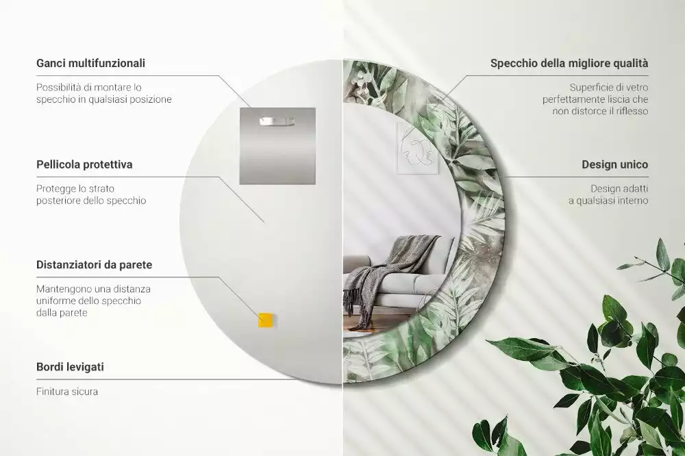 Ronde spiegel met bedrukte lijst Aquarelbladeren