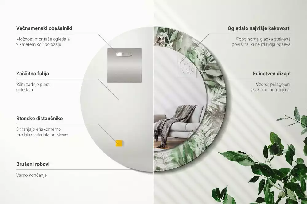 Ronde spiegel met bedrukte lijst Aquarelbladeren