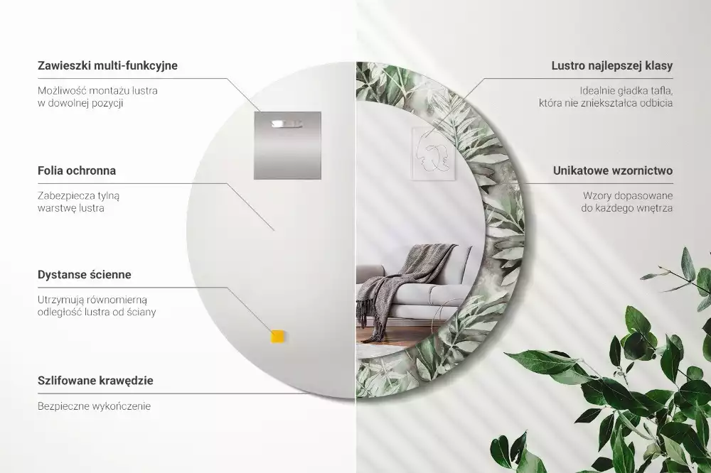 Ronde spiegel met bedrukte lijst Aquarelbladeren