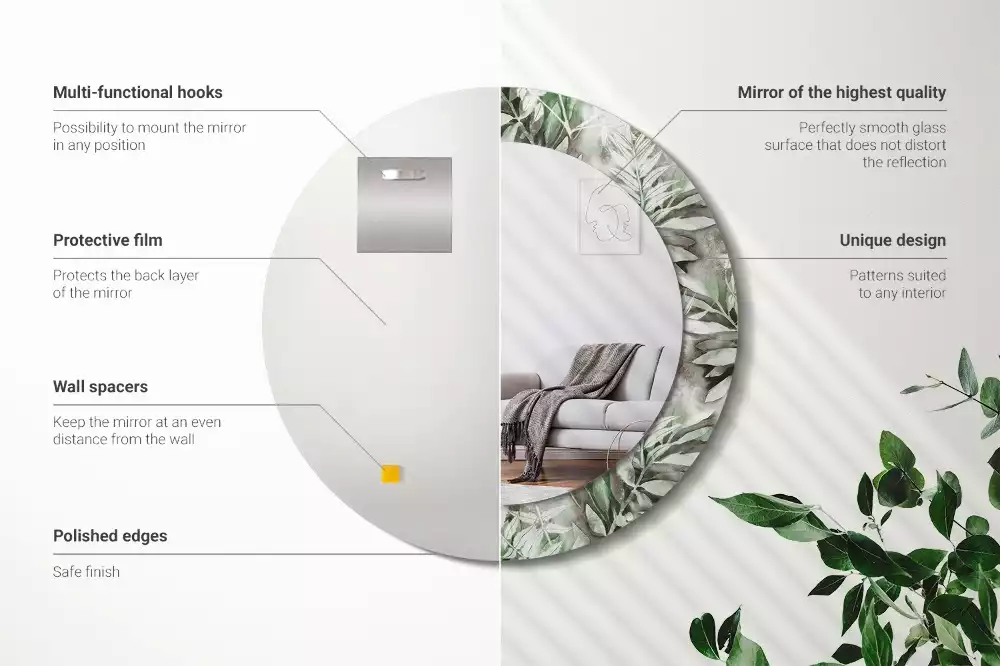 Ronde spiegel met bedrukte lijst Aquarelbladeren