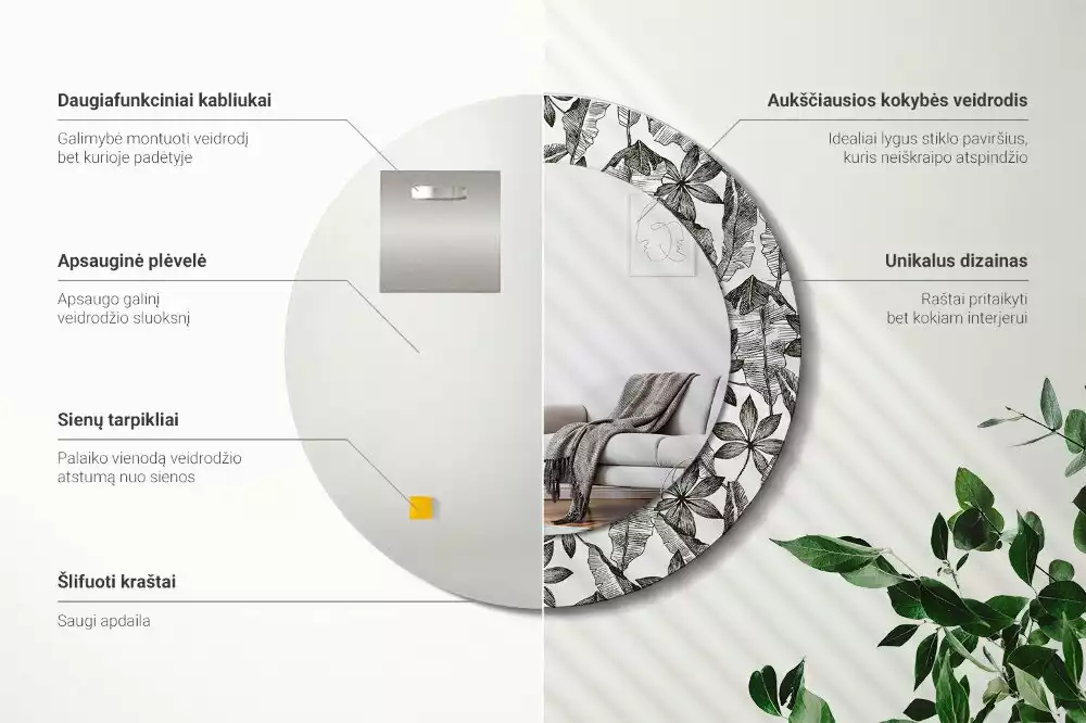 Ronde spiegel met bedrukte lijst Tropische bladeren