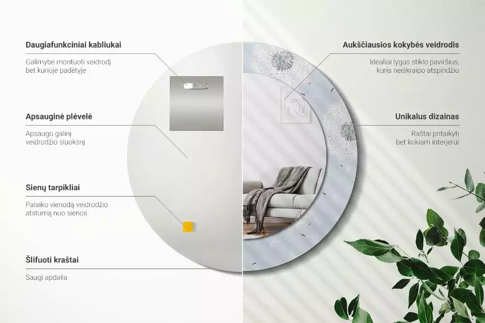 Ronde spiegel met bedrukte lijst Paardenbloemen