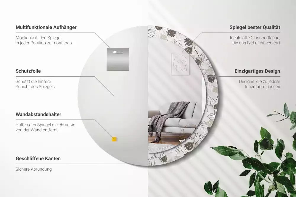 Ronde spiegel met bedrukte lijst Abstracte bloemen