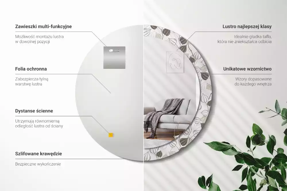 Ronde spiegel met bedrukte lijst Abstracte bloemen