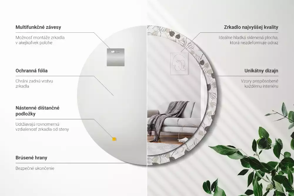 Ronde spiegel met bedrukte lijst Abstracte bloemen