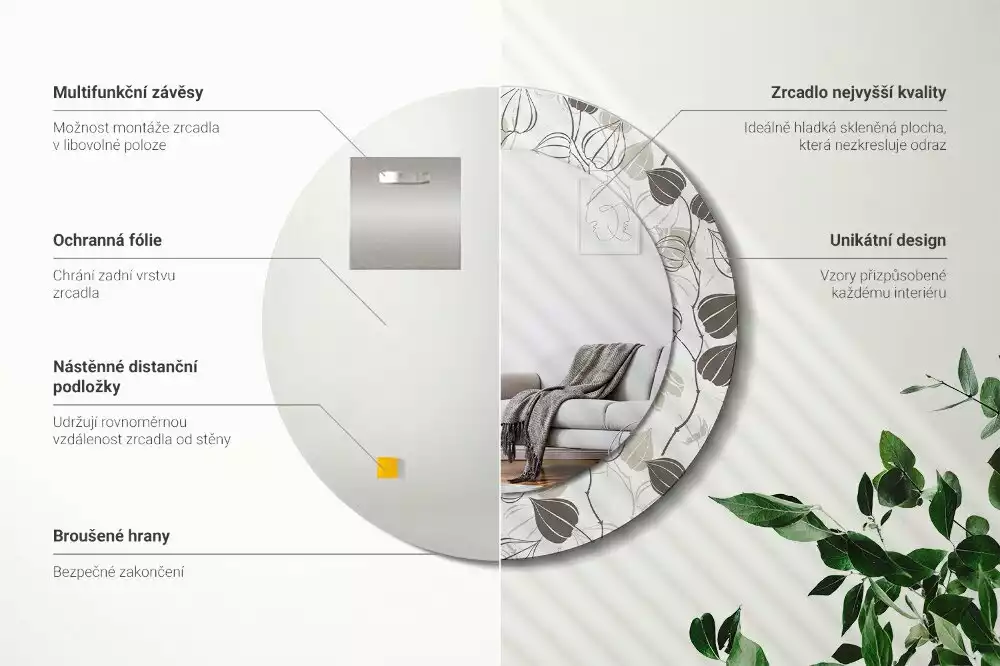 Ronde spiegel met bedrukte lijst Abstracte bloemen