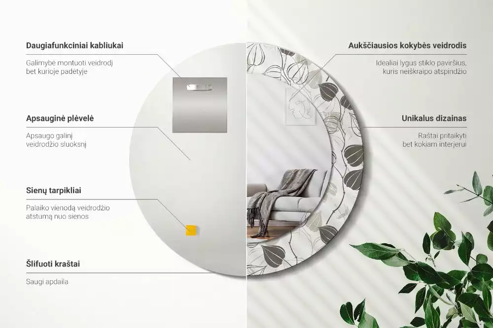 Ronde spiegel met bedrukte lijst Abstracte bloemen