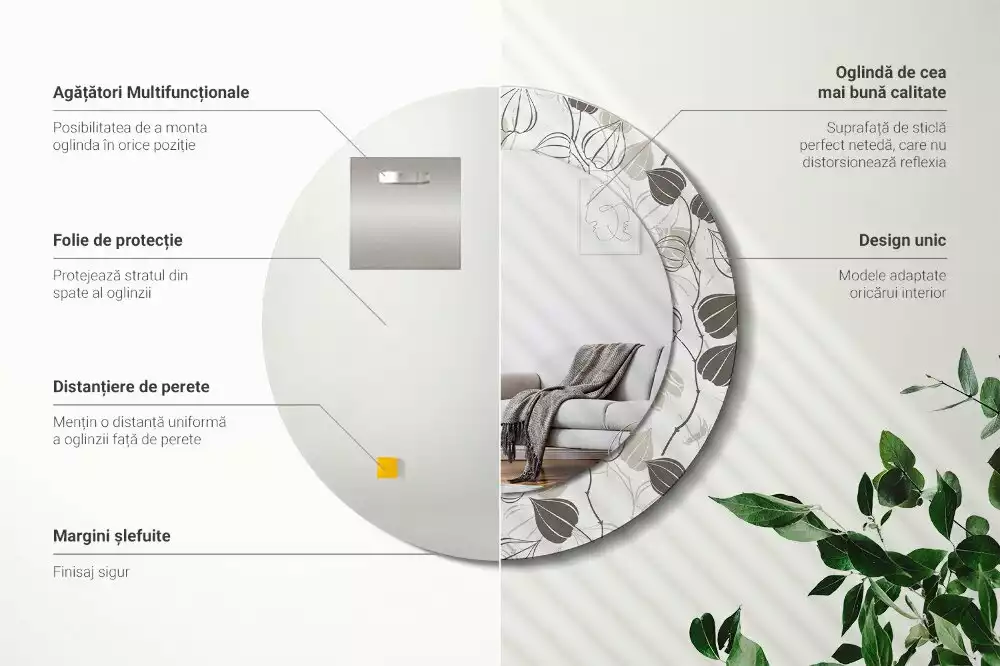 Ronde spiegel met bedrukte lijst Abstracte bloemen