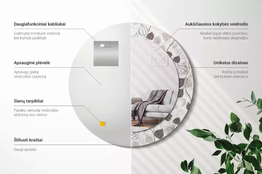 Ronde spiegel met bedrukte lijst Abstracte bloemen