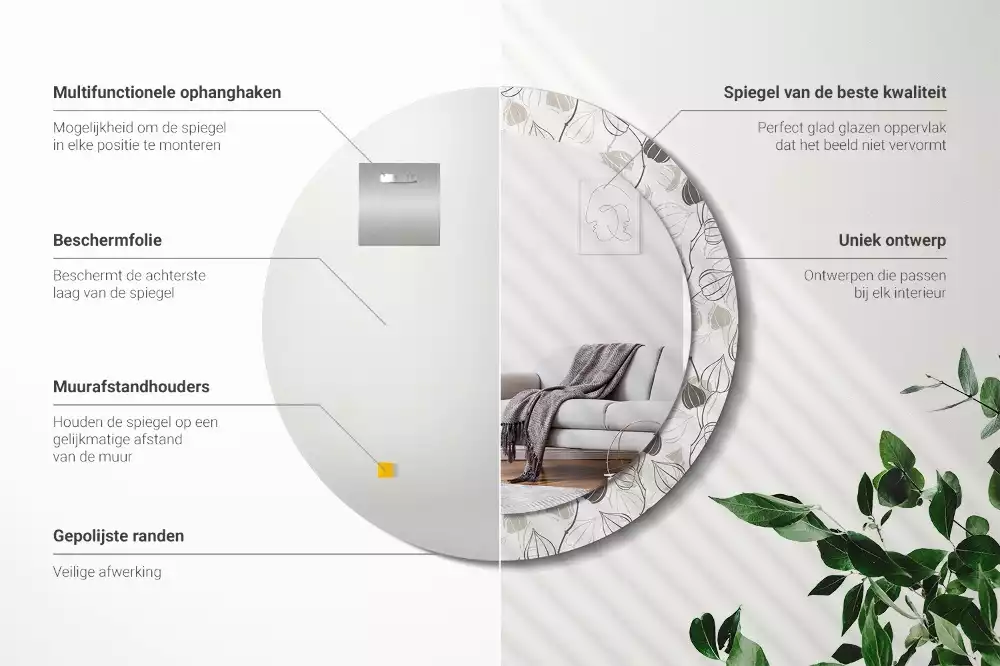 Ronde spiegel met bedrukte lijst Abstracte bloemen