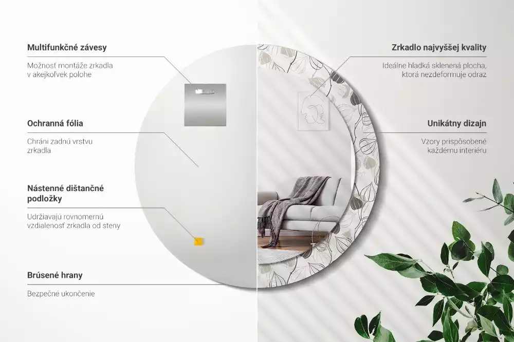 Ronde spiegel met bedrukte lijst Abstracte bloemen