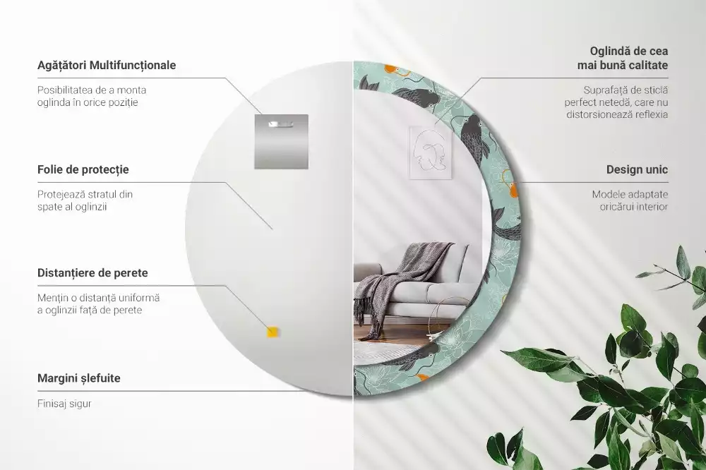 Ronde spiegel met bedrukte lijst Koikarpers