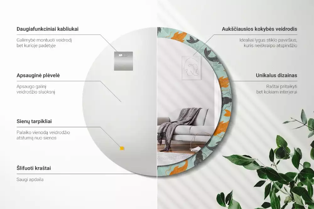 Ronde spiegel met bedrukte lijst Koikarpers