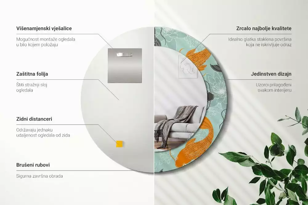 Ronde spiegel met bedrukte lijst Koikarpers