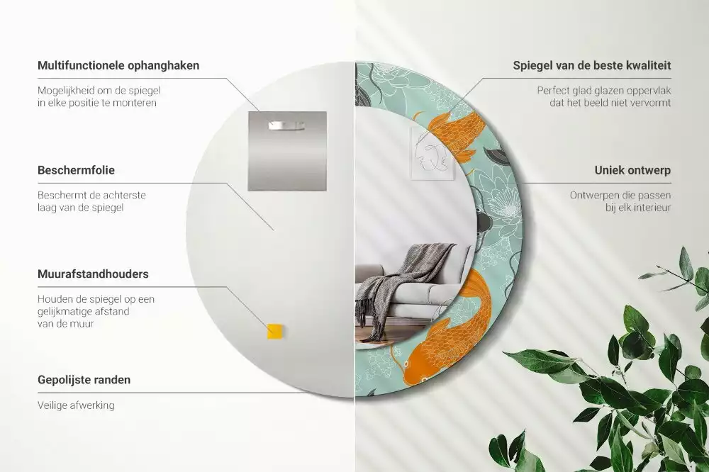 Ronde spiegel met bedrukte lijst Koikarpers