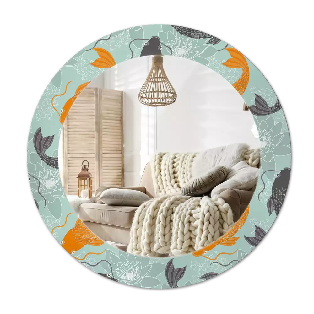 Ronde spiegel met bedrukte lijst Koikarpers