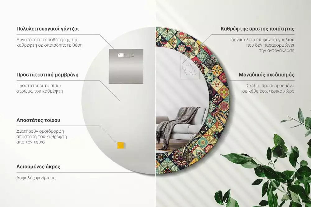 Ronde spiegel met bedrukte lijst Patchwork tegels