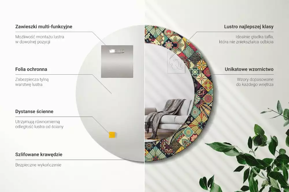 Ronde spiegel met bedrukte lijst Patchwork tegels