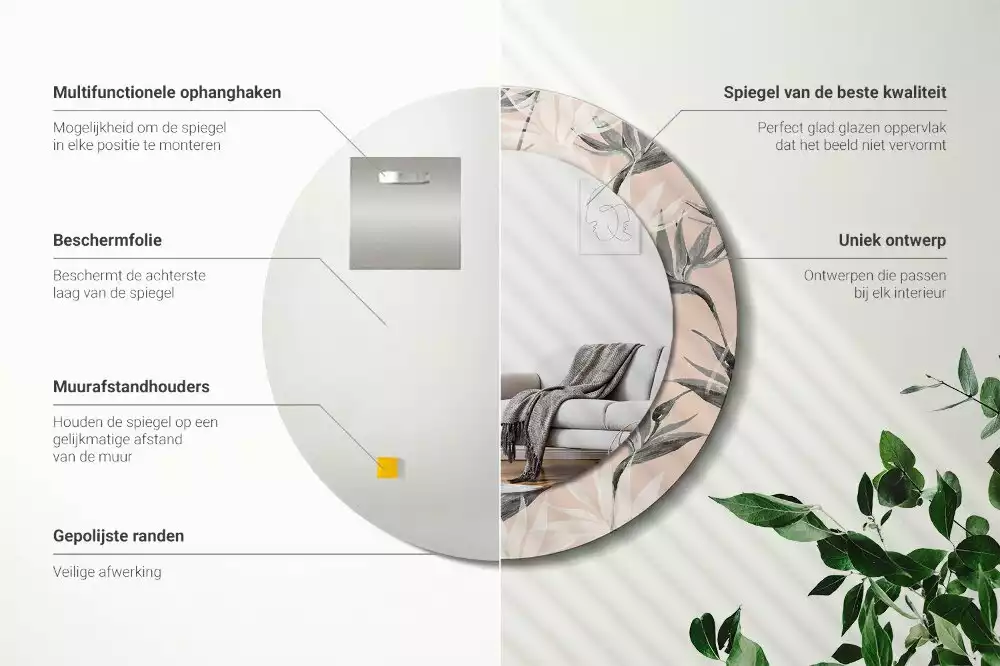 Bedrukte ronde spiegel Strelitzia