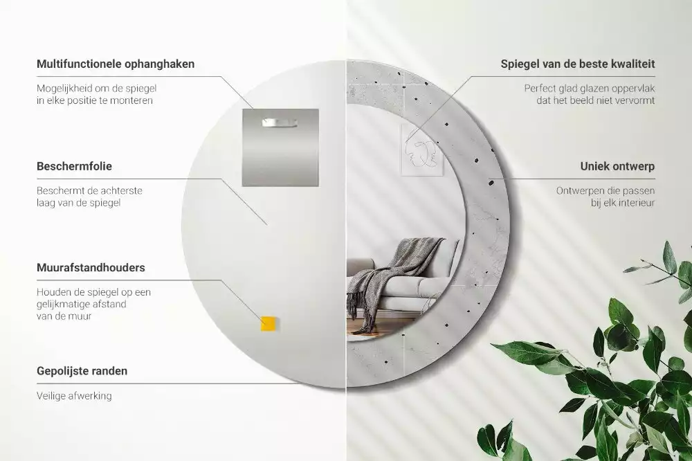 Ronde spiegel met bedrukte lijst Betonnen textuur
