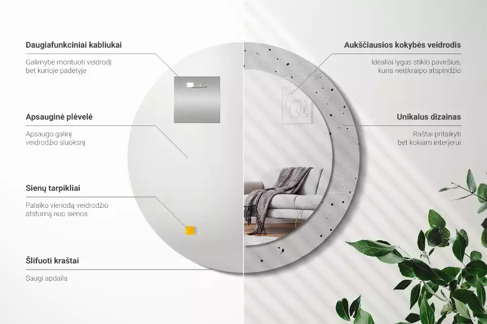 Ronde spiegel met bedrukte lijst Betonnen textuur