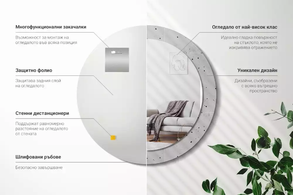 Ronde spiegel met bedrukte lijst Betonnen textuur