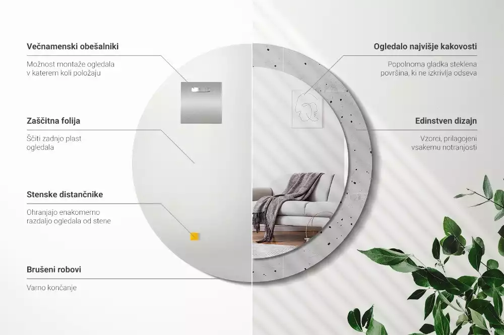 Ronde spiegel met bedrukte lijst Betonnen textuur