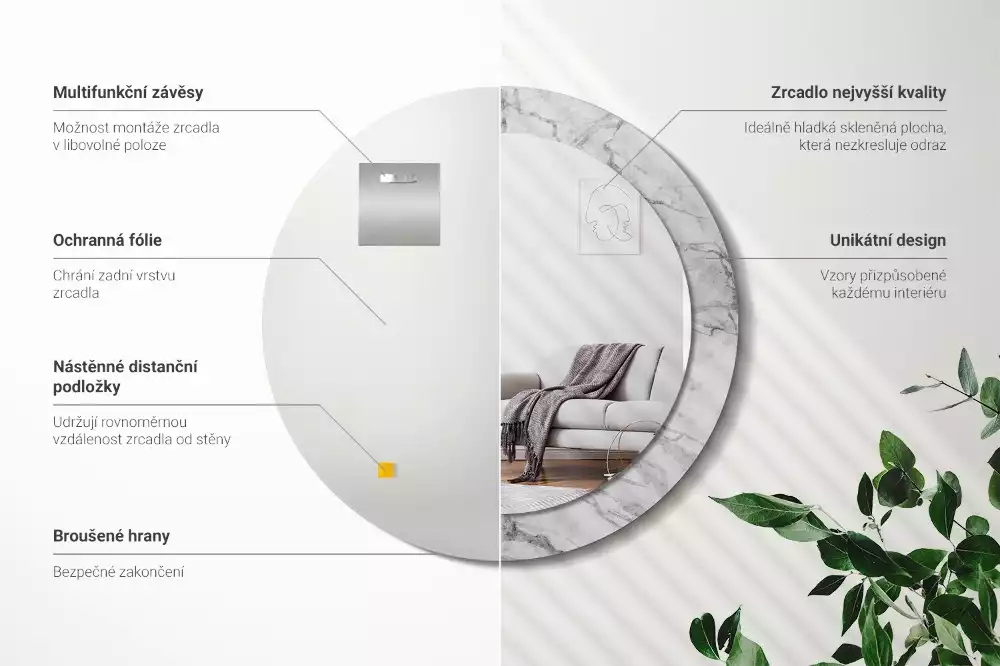 Ronde spiegel met bedrukte lijst Wit marmer