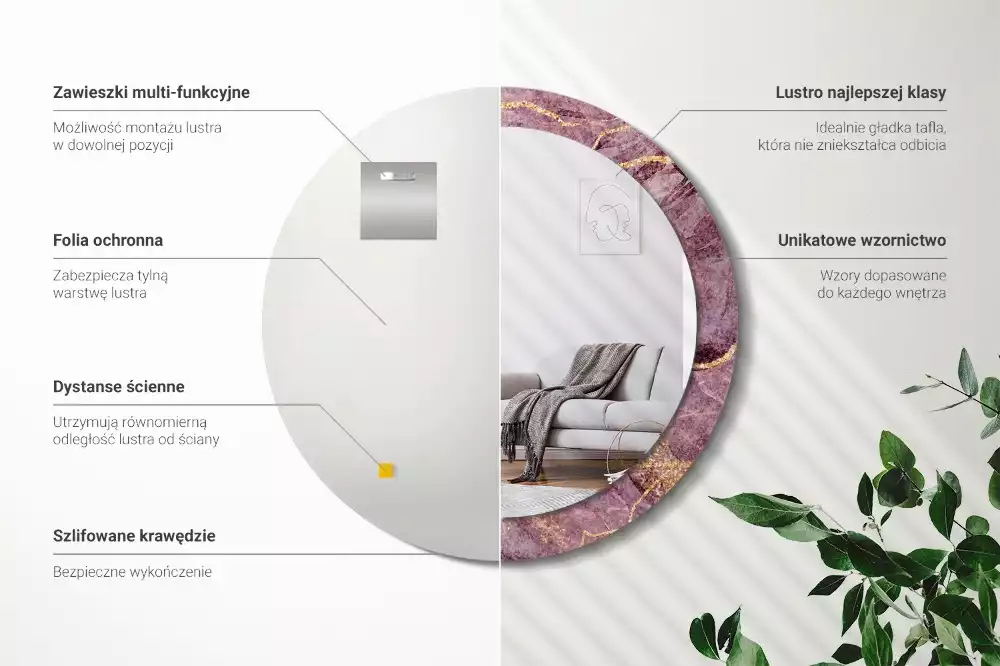 Ronde spiegel met bedrukte lijst Imitatiemarmer