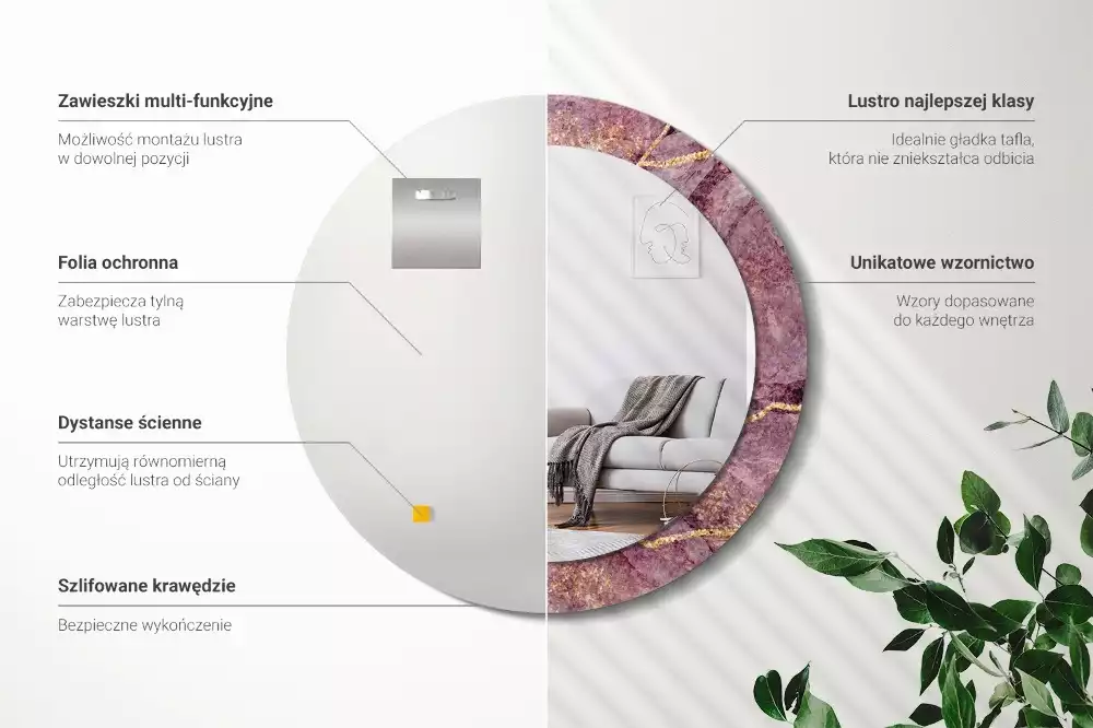 Ronde spiegel met bedrukte lijst Imitatiemarmer