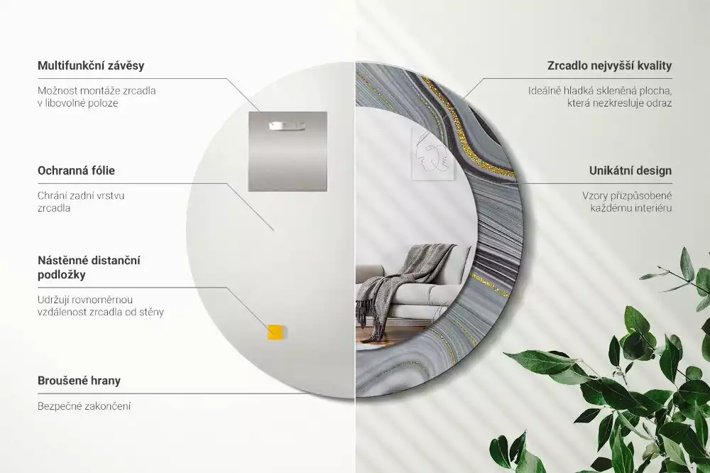 Ronde spiegel met bedrukte lijst Grijs marmer