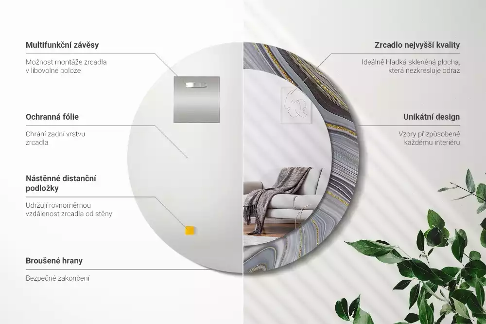 Ronde spiegel met bedrukte lijst Grijs marmer