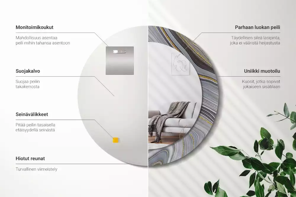 Ronde spiegel met bedrukte lijst Grijs marmer