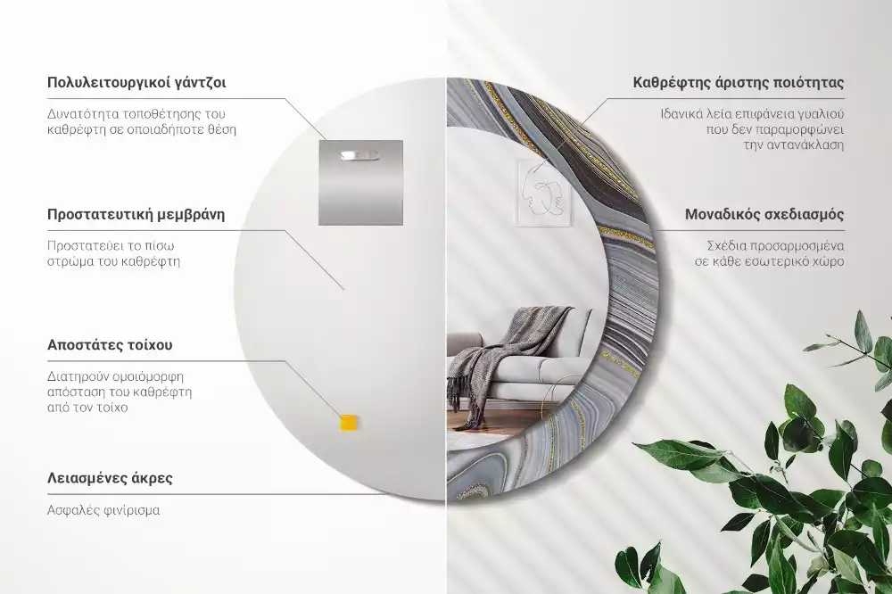 Ronde spiegel met bedrukte lijst Grijs marmer