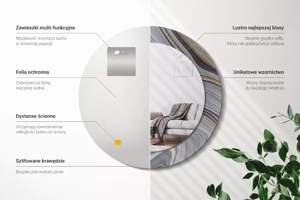 Ronde spiegel met bedrukte lijst Grijs marmer