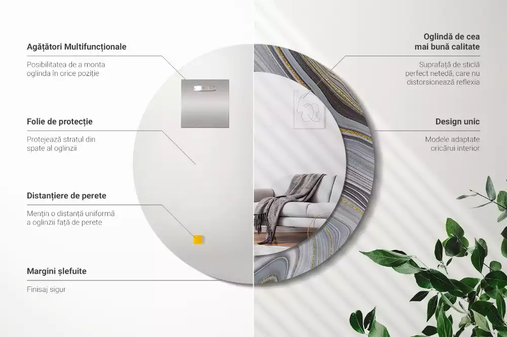 Ronde spiegel met bedrukte lijst Grijs marmer