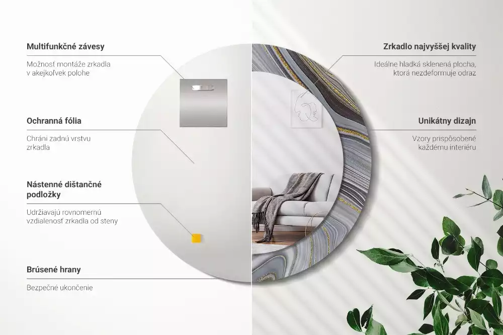 Ronde spiegel met bedrukte lijst Grijs marmer