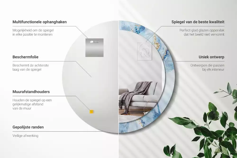 Bedrukte ronde spiegel Blauwe marmer