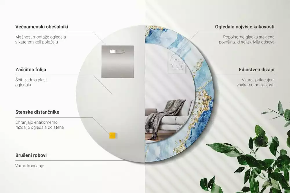 Bedrukte ronde spiegel Blauwe marmer