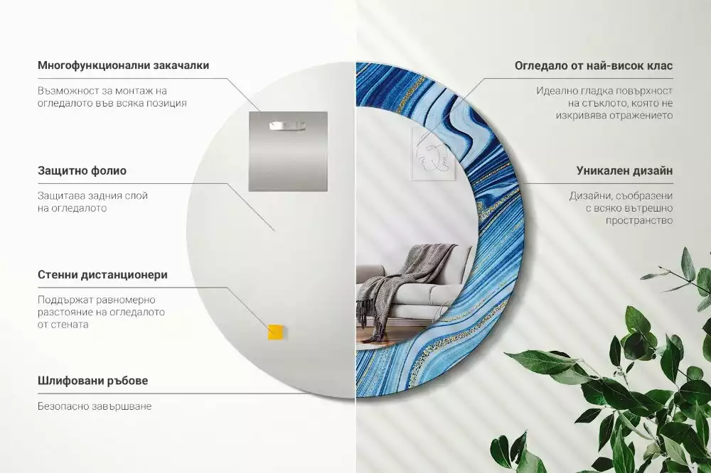 Ronde spiegel met bedrukte lijst Marmeren Rivier