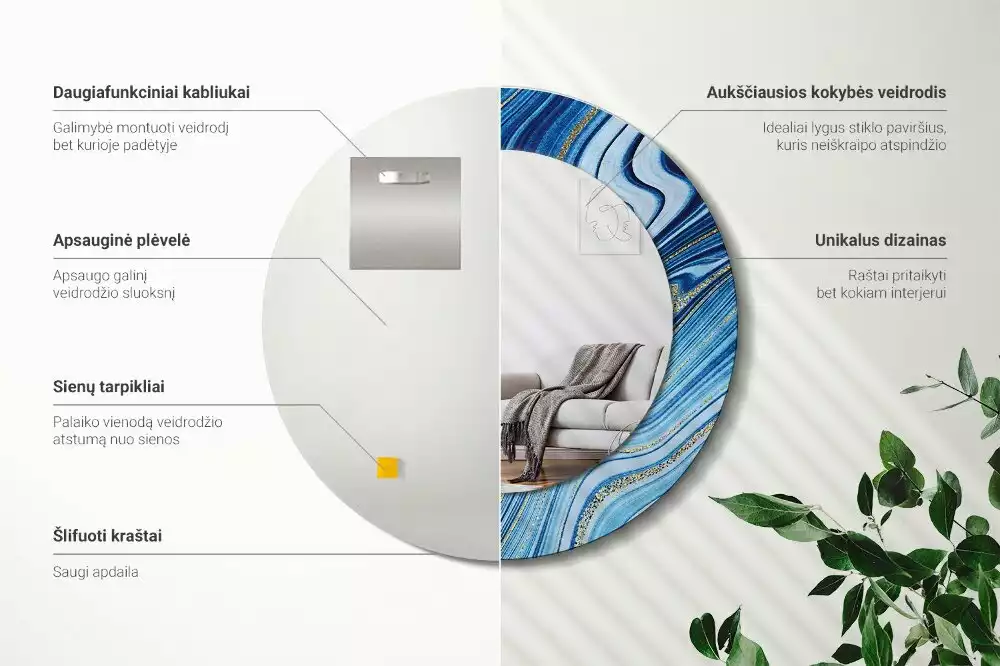 Ronde spiegel met bedrukte lijst Marmeren Rivier