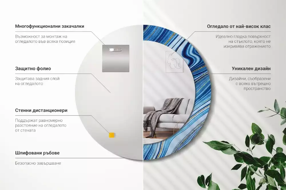 Ronde spiegel met bedrukte lijst Marmeren Rivier