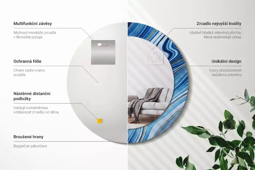 Ronde spiegel met bedrukte lijst Marmeren Rivier