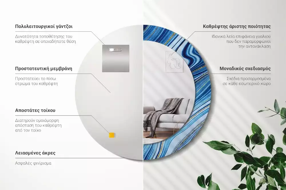 Ronde spiegel met bedrukte lijst Marmeren Rivier